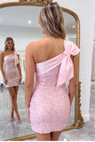 One Shoulder Bodycon Sparkly Little Black Dress With Bow