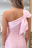 One Shoulder Bodycon Sparkly Little Black Dress With Bow