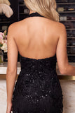 Halter Blue Floral Sequin Bodycon Mini Homecoming Dress