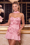 Ruffled Strapless Pink Bodycon Mini Homecoming Dress With Scarf