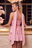 Ruffled Strapless Pink Bodycon Mini Homecoming Dress With Scarf