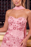 Ruffled Strapless Pink Bodycon Mini Homecoming Dress With Scarf