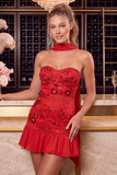 Ruffled Strapless Pink Bodycon Mini Homecoming Dress With Scarf