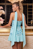 Ruffled Strapless Pink Bodycon Mini Homecoming Dress With Scarf