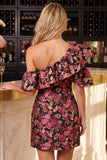 Asymmetrical Neck Floral Ruffled Bodycon Mini Homecoming Dress