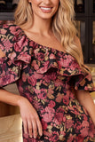 Asymmetrical Neck Floral Ruffled Bodycon Mini Homecoming Dress