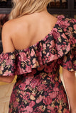 Asymmetrical Neck Floral Ruffled Bodycon Mini Homecoming Dress
