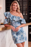 Asymmetrical Neck Floral Ruffled Bodycon Mini Homecoming Dress