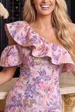 Asymmetrical Neck Floral Ruffled Bodycon Mini Homecoming Dress