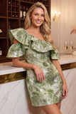 Asymmetrical Neck Floral Ruffled Bodycon Mini Homecoming Dress