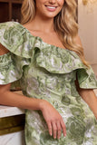 Asymmetrical Neck Floral Ruffled Bodycon Mini Homecoming Dress