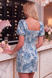 Jacquard Bodycon Blue Square Neck Mini Homecoming Dress