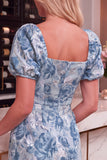 Jacquard Bodycon Blue Square Neck Mini Homecoming Dress