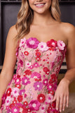 Strapless Fuchsia Appliqued Bodycon Mini Homecoming Dress