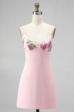 Pink Floral Spaghetti Straps Embroidery Mini Homecoming Dress