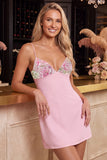 Pink Floral Spaghetti Straps Embroidery Mini Homecoming Dress