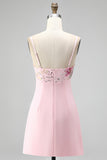 Pink Floral Spaghetti Straps Embroidery Mini Homecoming Dress