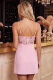 Pink Floral Spaghetti Straps Embroidery Mini Homecoming Dress