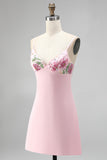 Pink Floral Spaghetti Straps Embroidery Mini Homecoming Dress