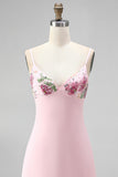 Pink Floral Spaghetti Straps Embroidery Mini Homecoming Dress