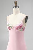 Pink Floral Spaghetti Straps Embroidery Mini Homecoming Dress