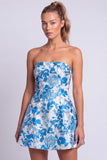 Strapless A Line Blue Floral Mini Homecoming Dress