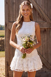 Ruffled Floral Ivory A Line Round Neck Mini Engagement Dress