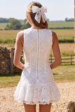 Ruffled Floral Ivory A Line Round Neck Mini Engagement Dress