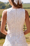 Ruffled Floral Ivory A Line Round Neck Mini Engagement Dress