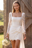 Square Neck Ivory Bodycon Mini Engagement Dress With Bow Sash