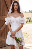 Off The Shoulder Ivory A Line Ruffled Short Engagement Dress