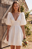 V-Neck Ivory Puff Sleeve A Line Mini Engagement Dress