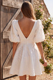 V-Neck Ivory Puff Sleeve A Line Mini Engagement Dress