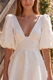V-Neck Ivory Puff Sleeve A Line Mini Engagement Dress