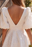 V-Neck Ivory Puff Sleeve A Line Mini Engagement Dress