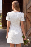 A Line White Floral Mini Engagement Dress With Short Sleeves
