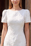 A Line White Floral Mini Engagement Dress With Short Sleeves