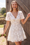 White A Line V-Neck Floral Mini Engagement Dress With Short Sleeves