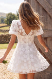 White A Line V-Neck Floral Mini Engagement Dress With Short Sleeves