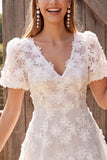 White A Line V-Neck Floral Mini Engagement Dress With Short Sleeves