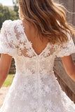 White A Line V-Neck Floral Mini Engagement Dress With Short Sleeves