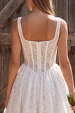 Corset Square Neck White A Line Lace Mini Engagement Dress