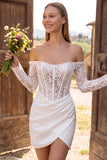 Off The Shoulder Corset Long Sleeve Bodycon Lace White Mini Engagement Dress