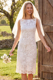 White Lace Sheath Boat Neck Midi Engagement Dress