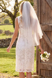 White Lace Sheath Boat Neck Midi Engagement Dress