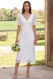 White Lace Sheath Midi Engagement Dress With Short Sleeves