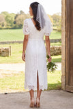 White Lace Sheath Midi Engagement Dress With Short Sleeves