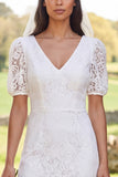 White Lace Sheath Midi Engagement Dress With Short Sleeves