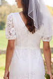 White Lace Sheath Midi Engagement Dress With Short Sleeves