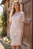 Lace White Short Sleeve Sheath Midi Engagement Dress
